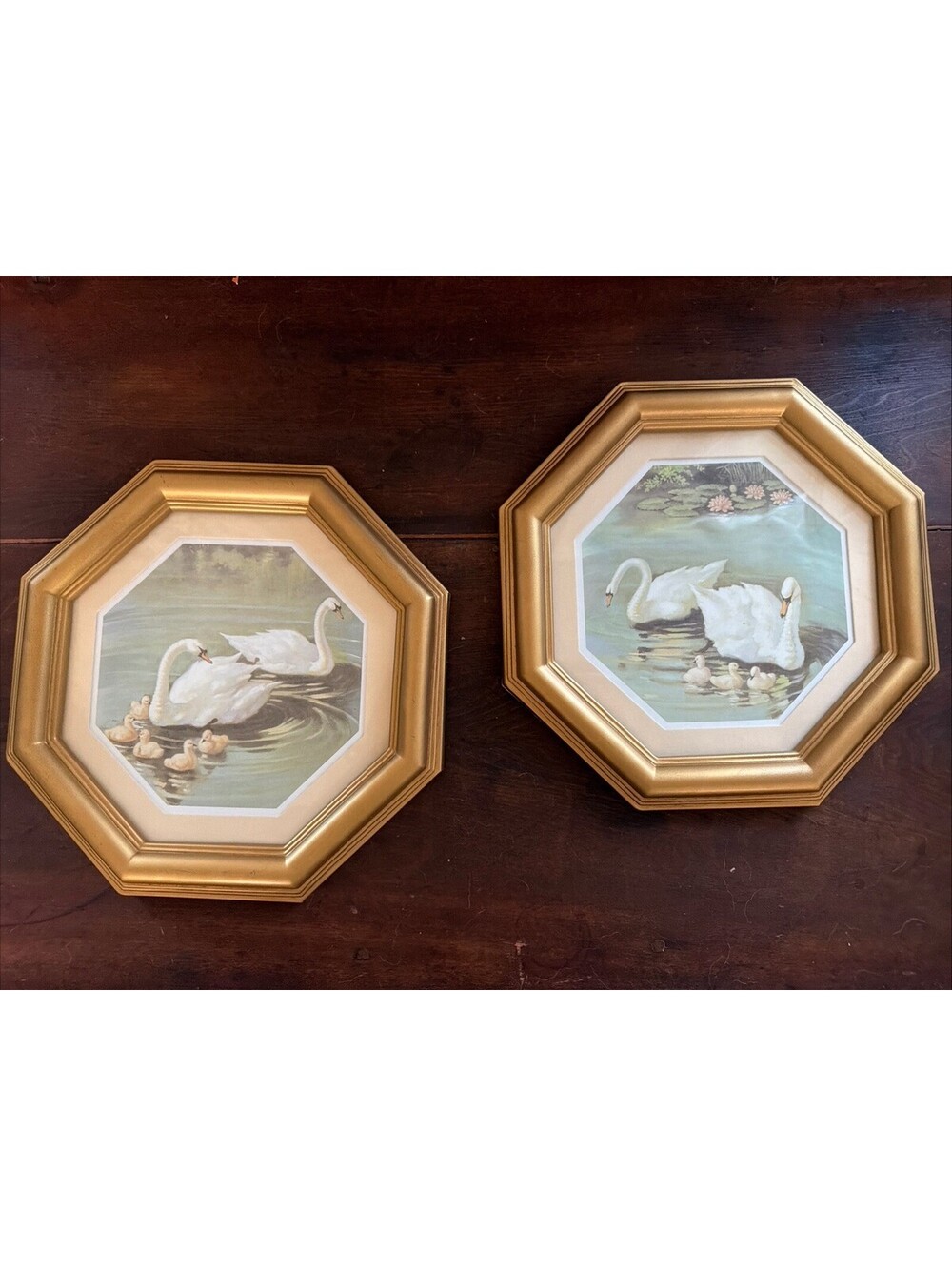 VTG Home Interiors Swans On Lake Pictures Set 2 Gold Frames Cottage Shabby Chic